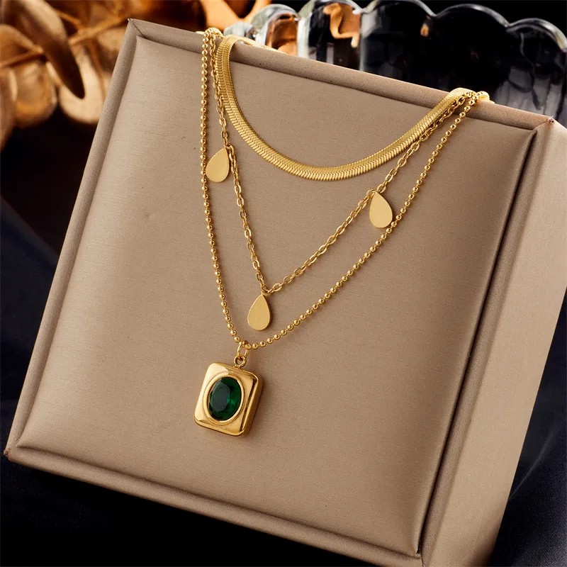 Vintage Style Rectangle Titanium Steel Plating Inlay Glass Stone 18K Gold Plated Layered Necklaces_colorza_1