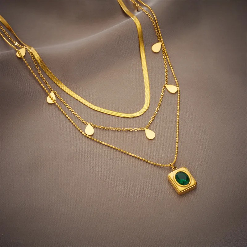 Vintage Style Rectangle Titanium Steel Plating Inlay Glass Stone 18K Gold Plated Layered Necklaces_colorza_2