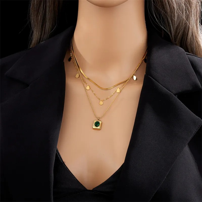 Vintage Style Rectangle Titanium Steel Plating Inlay Glass Stone 18K Gold Plated Layered Necklaces_colorza_4