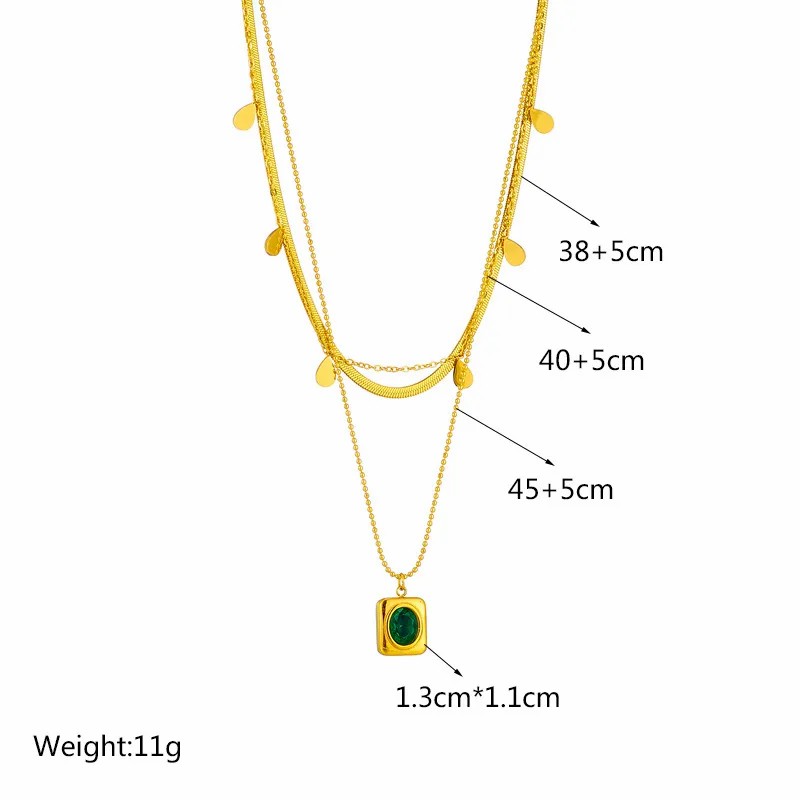 Vintage Style Rectangle Titanium Steel Plating Inlay Glass Stone 18K Gold Plated Layered Necklaces_colorza_5