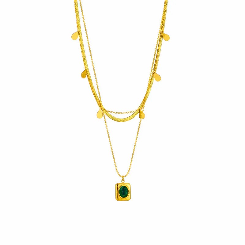 Vintage Style Rectangle Titanium Steel Plating Inlay Glass Stone 18K Gold Plated Layered Necklaces_colorza_6