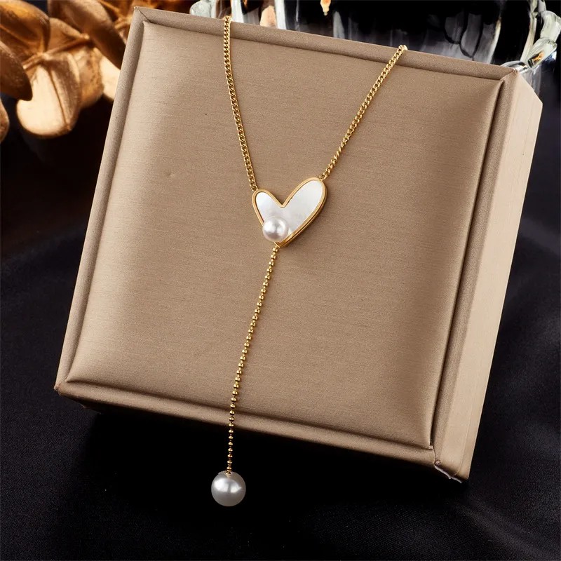 Simple Style Heart Shape Titanium Steel Epoxy Plating Inlay Shell 18K Gold Plated Pendant Necklace_colorza_1
