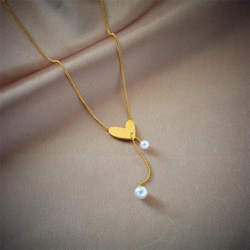 Simple Style Heart Shape Titanium Steel Epoxy Plating Inlay Shell 18K Gold Plated Pendant Necklace_colorza_2
