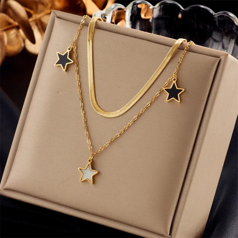 Casual Commute Pentagram Titanium Steel Epoxy Plating 18K Gold Plated Layered Necklaces_colorza_1