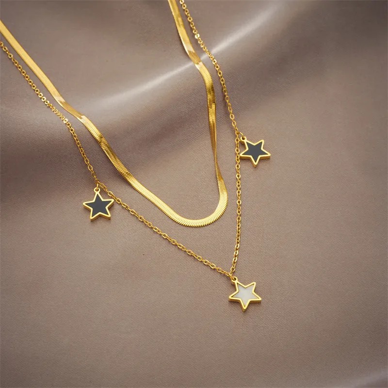 Casual Commute Pentagram Titanium Steel Epoxy Plating 18K Gold Plated Layered Necklaces_colorza_2