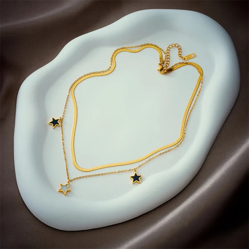 Casual Commute Pentagram Titanium Steel Epoxy Plating 18K Gold Plated Layered Necklaces_colorza_3