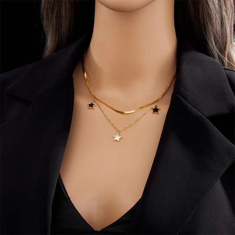 Casual Commute Pentagram Titanium Steel Epoxy Plating 18K Gold Plated Layered Necklaces_colorza_4