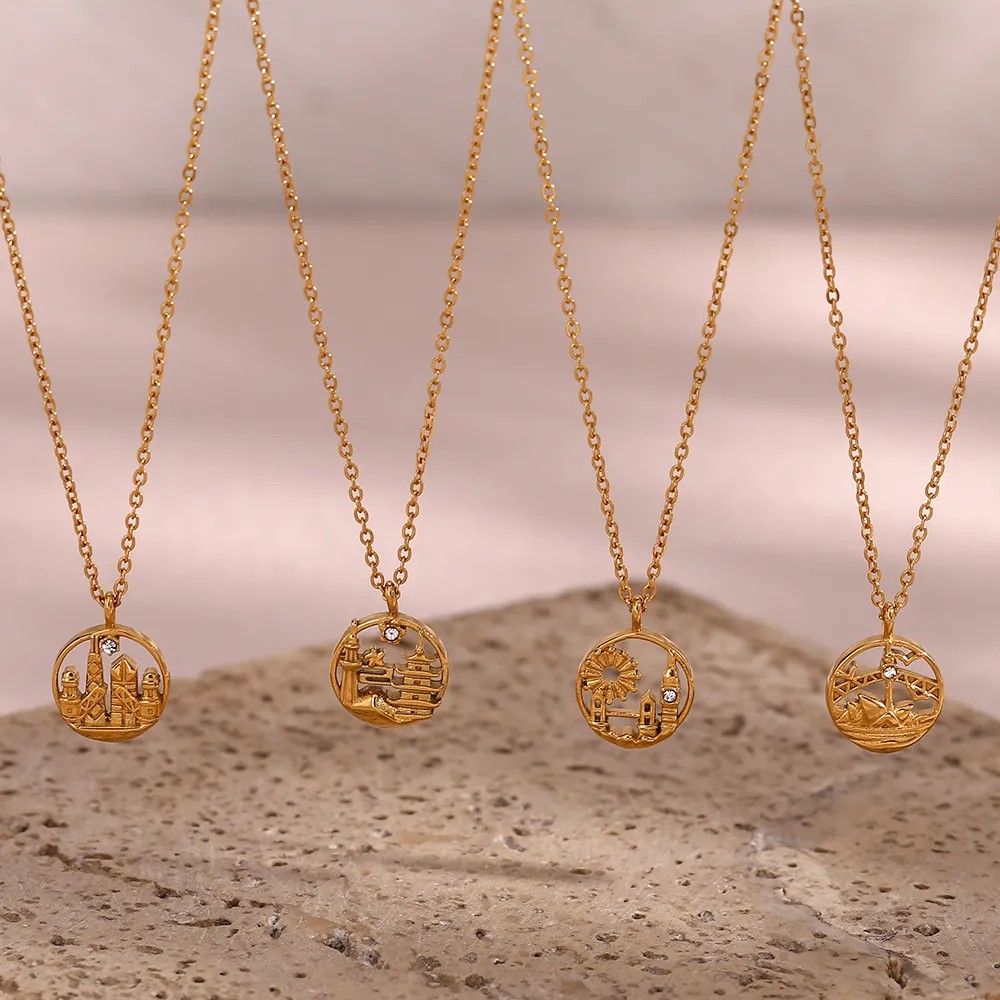 Vintage Style Artistic City Stainless Steel Plating Inlay Artificial Diamond 18K Gold Plated Pendant Necklace_colorza_1