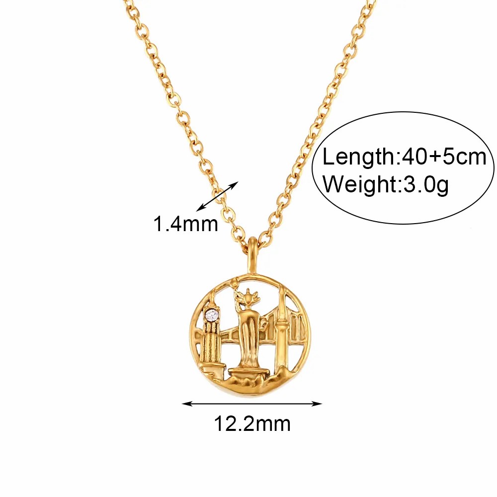 Vintage Style Artistic City Stainless Steel Plating Inlay Artificial Diamond 18K Gold Plated Pendant Necklace_colorza_2