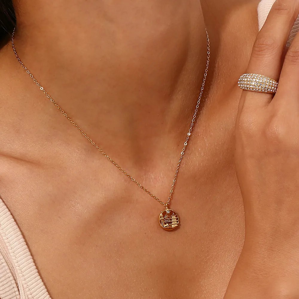Vintage Style Artistic City Stainless Steel Plating Inlay Artificial Diamond 18K Gold Plated Pendant Necklace_colorza_3