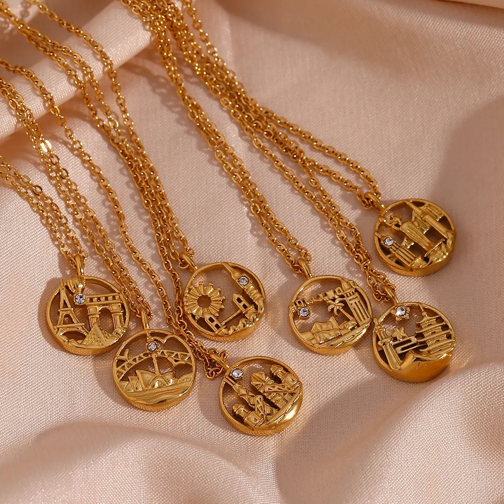 Vintage Style Artistic City Stainless Steel Plating Inlay Artificial Diamond 18K Gold Plated Pendant Necklace_colorza_4