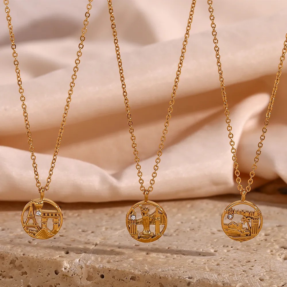 Vintage Style Artistic City Stainless Steel Plating Inlay Artificial Diamond 18K Gold Plated Pendant Necklace_colorza_5