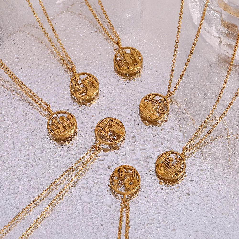 Vintage Style Artistic City Stainless Steel Plating Inlay Artificial Diamond 18K Gold Plated Pendant Necklace_colorza_6