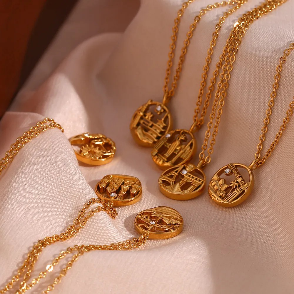 Vintage Style Artistic City Stainless Steel Plating Inlay Artificial Diamond 18K Gold Plated Pendant Necklace_colorza_7