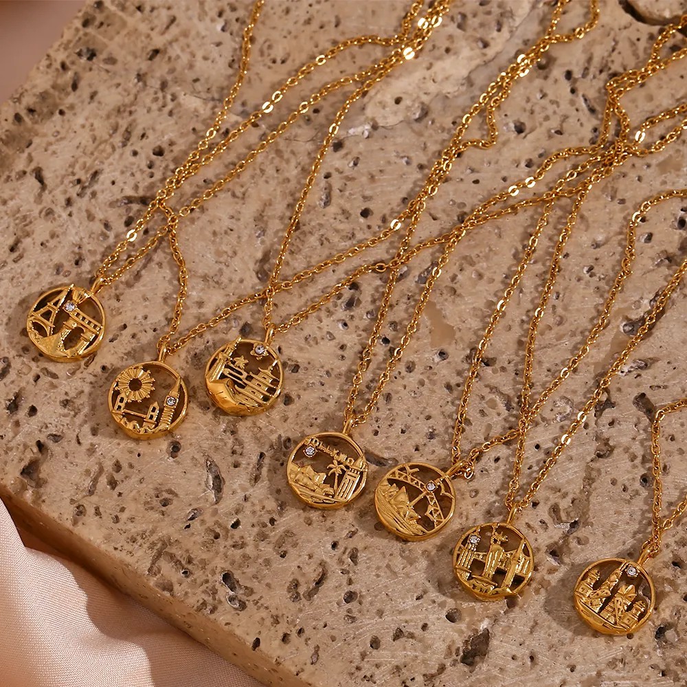 Vintage Style Artistic City Stainless Steel Plating Inlay Artificial Diamond 18K Gold Plated Pendant Necklace_colorza_8