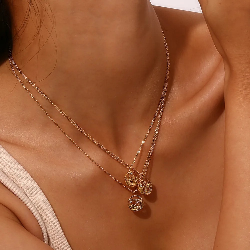 Vintage Style Artistic City Stainless Steel Plating Inlay Artificial Diamond 18K Gold Plated Pendant Necklace_colorza_9