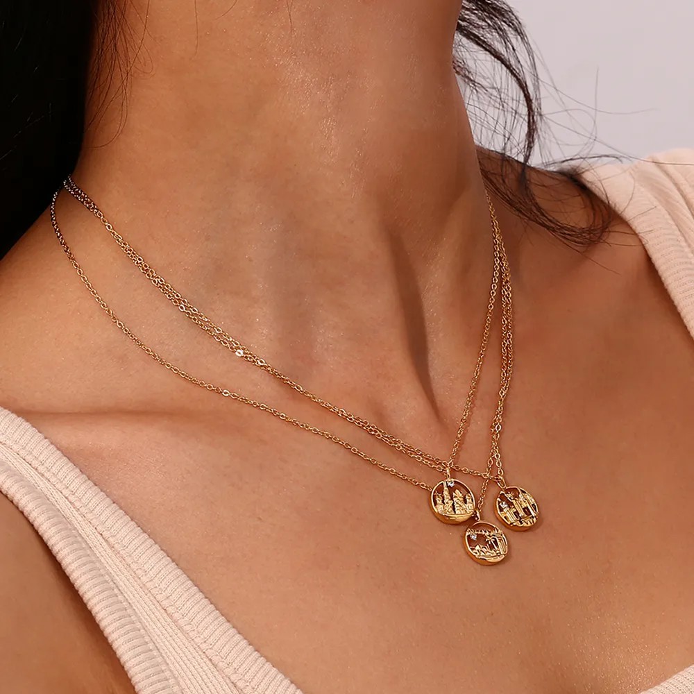 Vintage Style Artistic City Stainless Steel Plating Inlay Artificial Diamond 18K Gold Plated Pendant Necklace_colorza_10