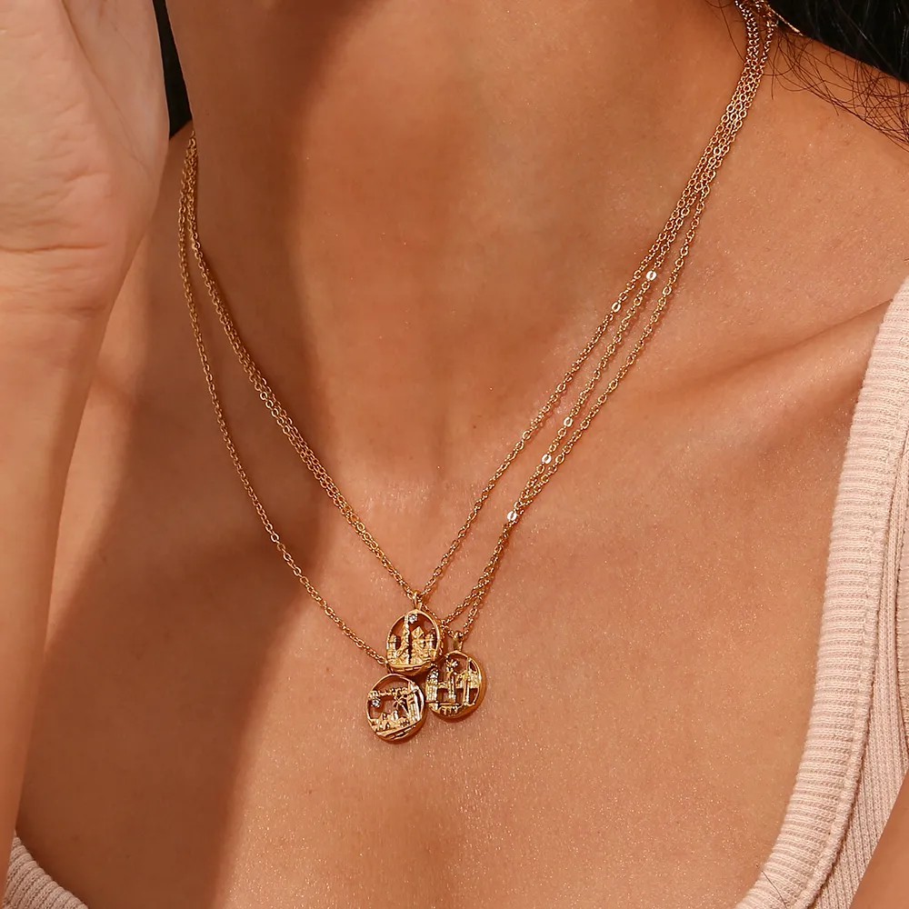 Vintage Style Artistic City Stainless Steel Plating Inlay Artificial Diamond 18K Gold Plated Pendant Necklace_colorza_11
