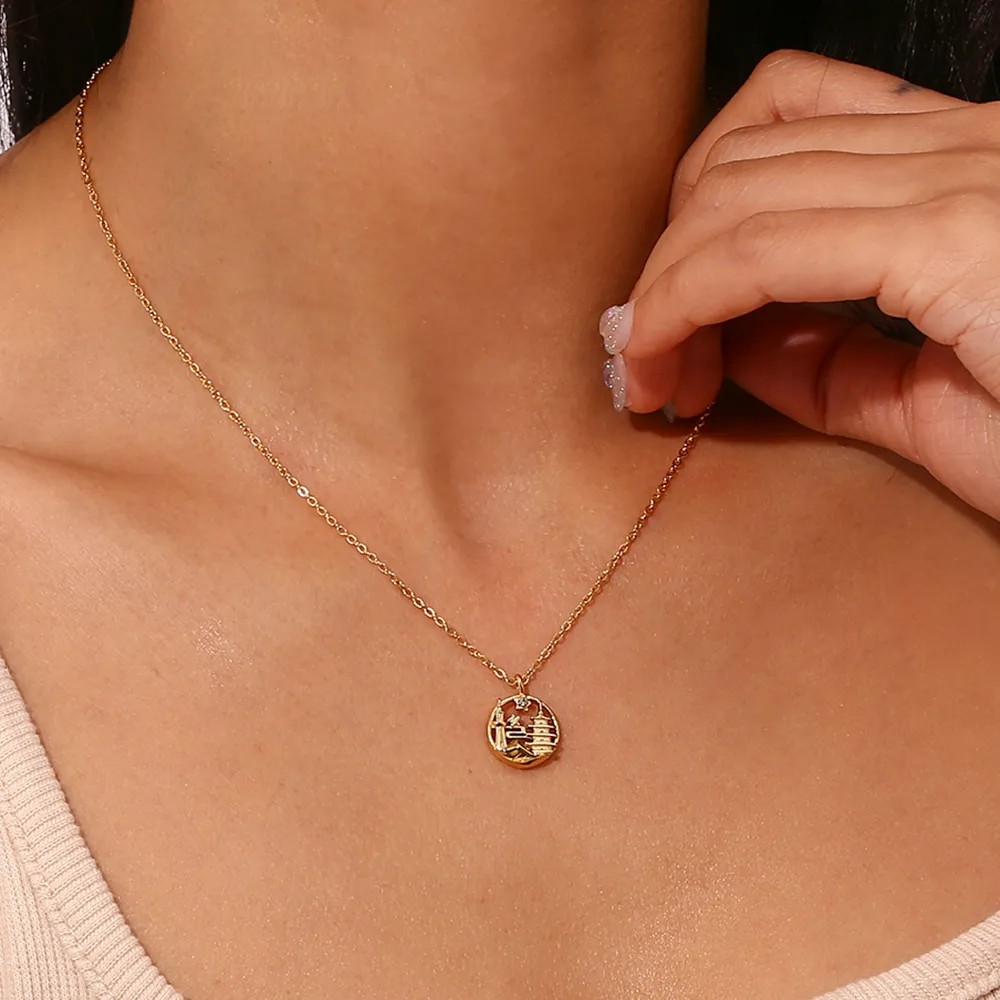 Vintage Style Artistic City Stainless Steel Plating Inlay Artificial Diamond 18K Gold Plated Pendant Necklace_colorza_12