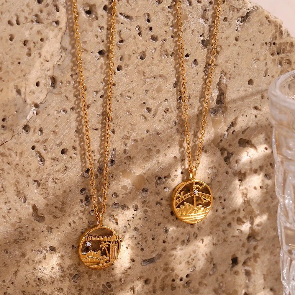 Vintage Style Artistic City Stainless Steel Plating Inlay Artificial Diamond 18K Gold Plated Pendant Necklace_colorza_13