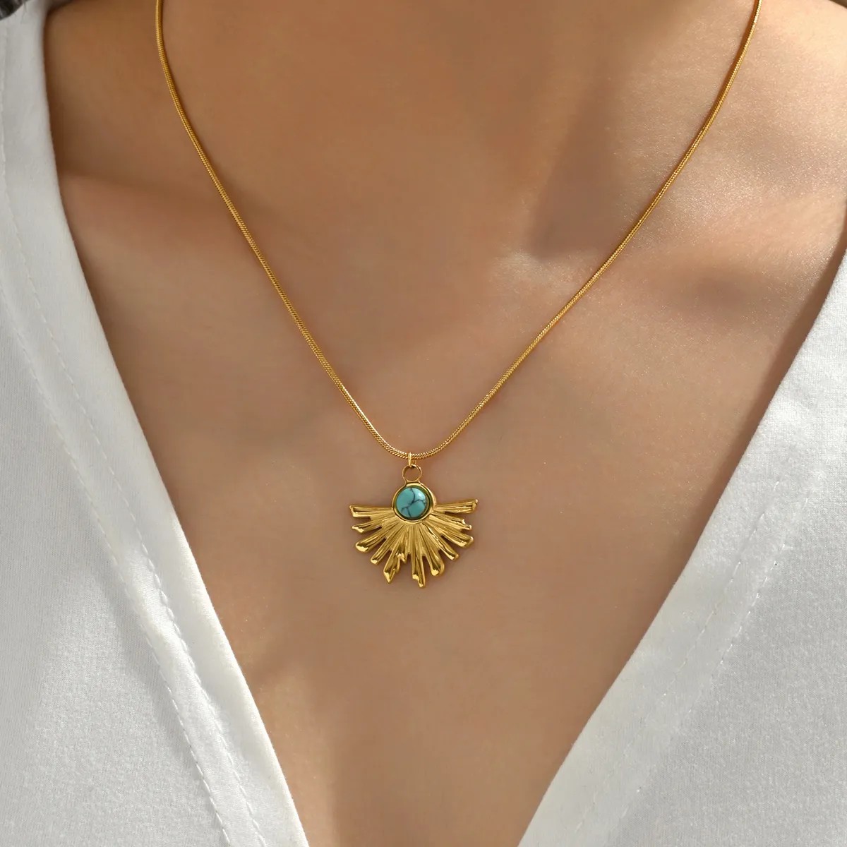 Retro Simple Style Wreath Stainless Steel Inlay Turquoise 18K Gold Plated Pendant Necklace_colorza_7