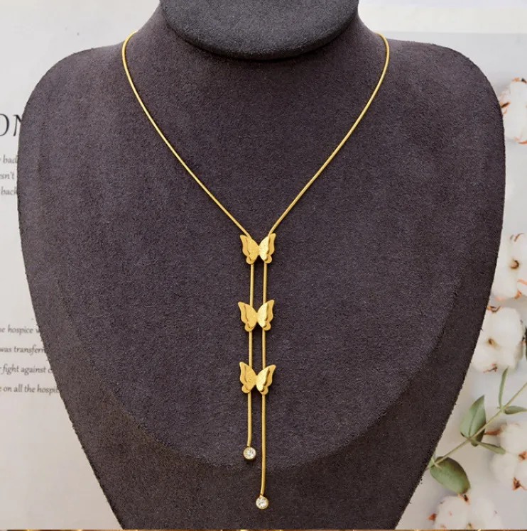 Elegant Butterfly Titanium Steel Plating Inlay Artificial Rhinestones 18K Gold Plated Pendant Necklace_colorza_2