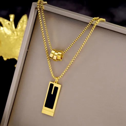 Fashion Square Titanium Steel Plating Inlay Zircon Gold Plated Pendant Necklace_colorza_2