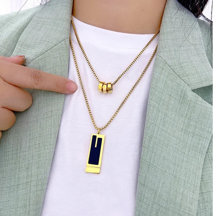 Fashion Square Titanium Steel Plating Inlay Zircon Gold Plated Pendant Necklace_colorza_4