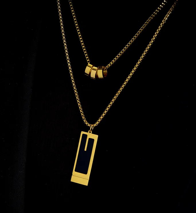 Fashion Square Titanium Steel Plating Inlay Zircon Gold Plated Pendant Necklace_colorza_6