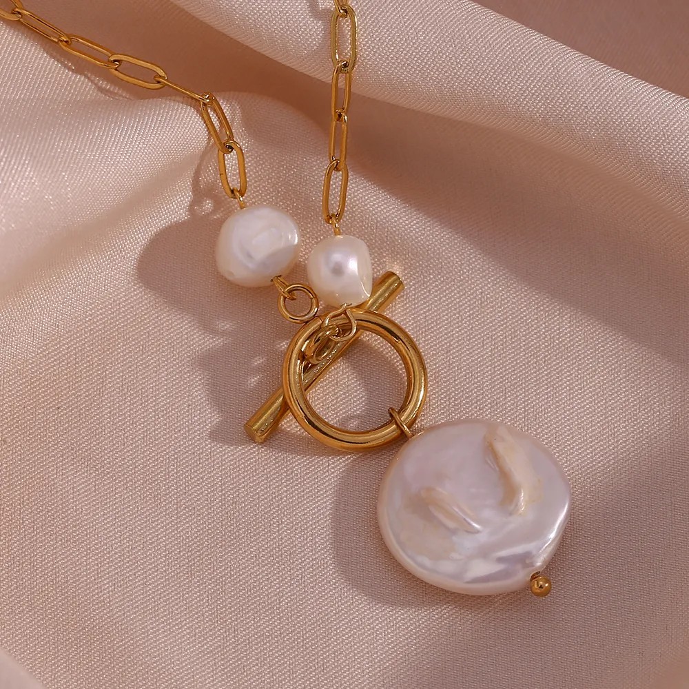 Vintage Style French Style Irregular Stainless Steel Freshwater Pearl Toggle Plating 18K Gold Plated Pendant Necklace_colorza_1