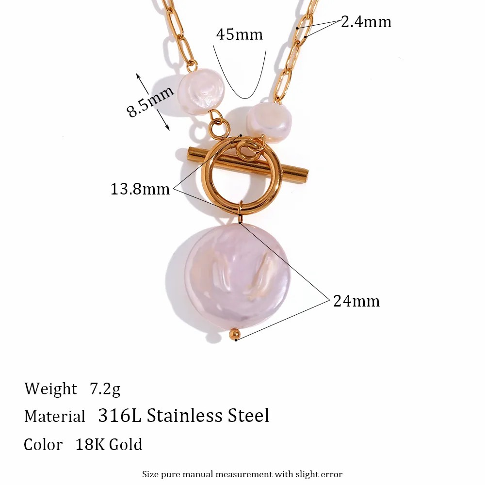 Vintage Style French Style Irregular Stainless Steel Freshwater Pearl Toggle Plating 18K Gold Plated Pendant Necklace_colorza_2