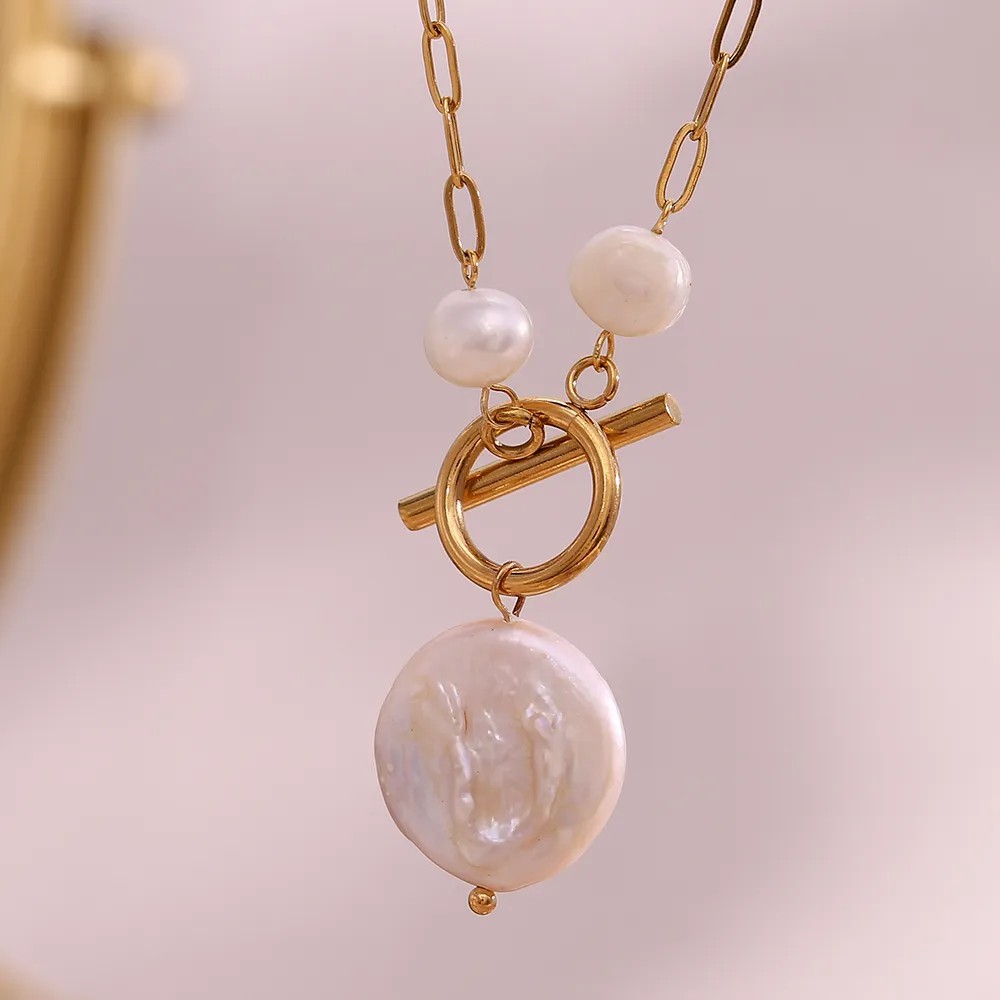 Vintage Style French Style Irregular Stainless Steel Freshwater Pearl Toggle Plating 18K Gold Plated Pendant Necklace_colorza_3