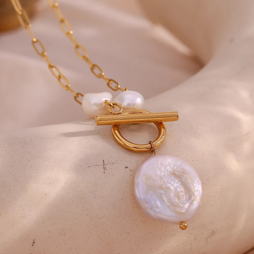 Vintage Style French Style Irregular Stainless Steel Freshwater Pearl Toggle Plating 18K Gold Plated Pendant Necklace_colorza_4