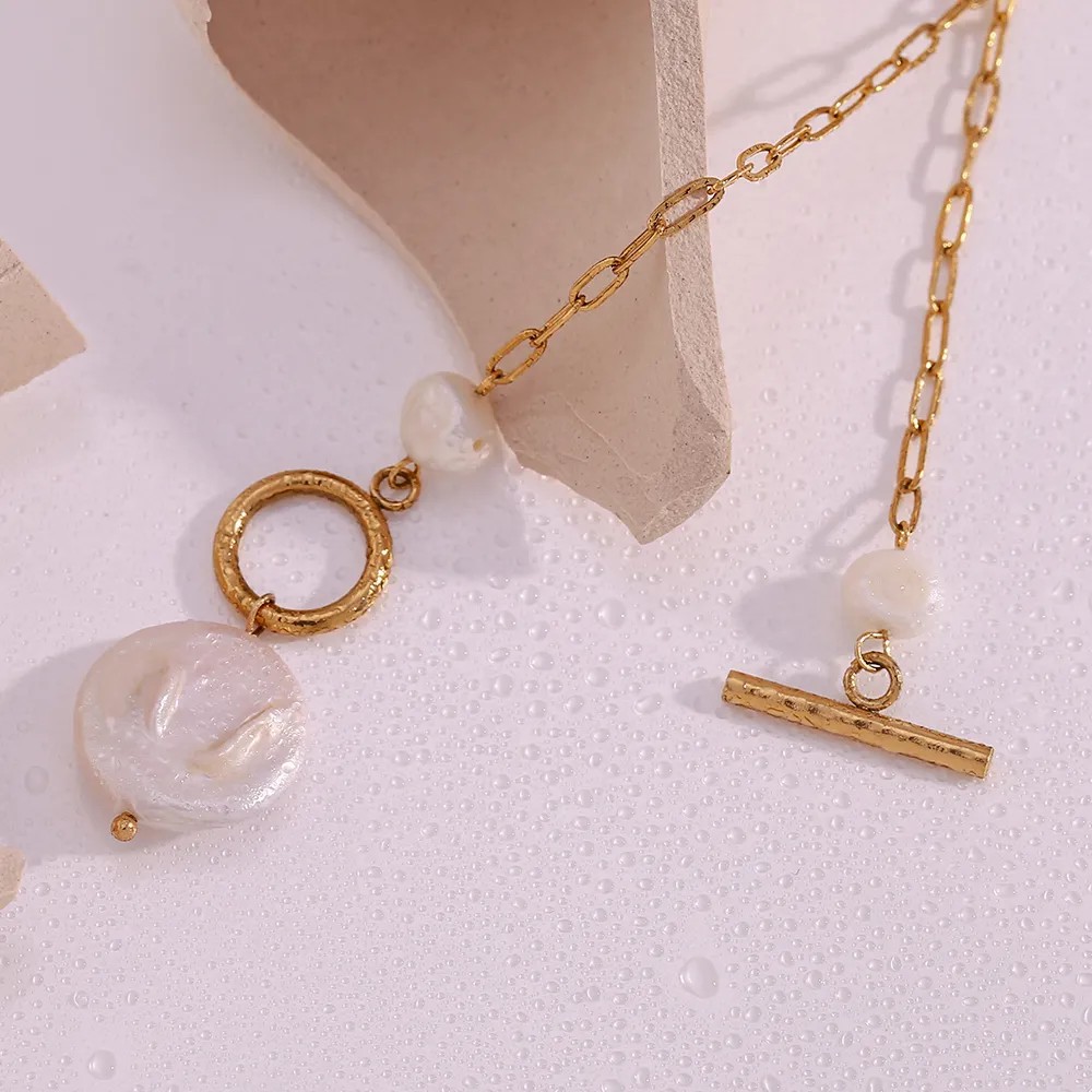 Vintage Style French Style Irregular Stainless Steel Freshwater Pearl Toggle Plating 18K Gold Plated Pendant Necklace_colorza_5