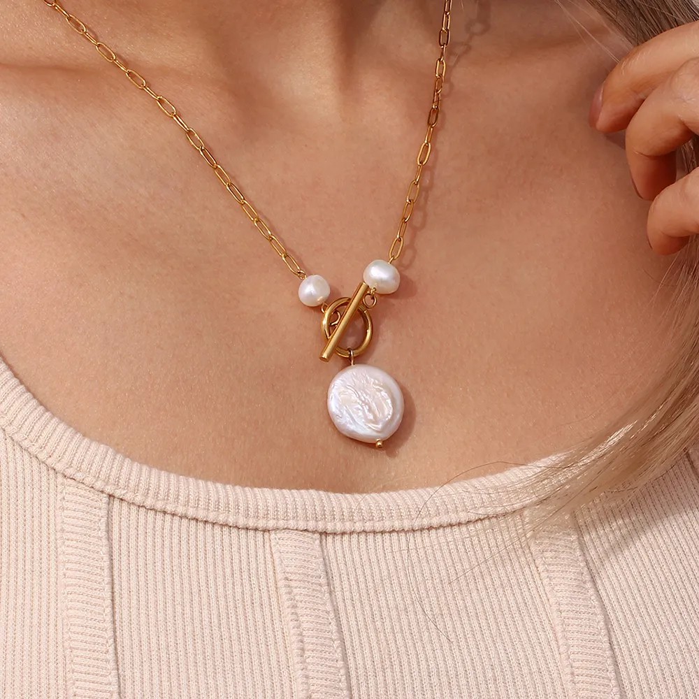 Vintage Style French Style Irregular Stainless Steel Freshwater Pearl Toggle Plating 18K Gold Plated Pendant Necklace_colorza_6