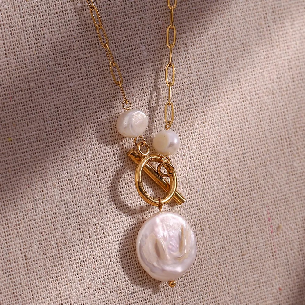 Vintage Style French Style Irregular Stainless Steel Freshwater Pearl Toggle Plating 18K Gold Plated Pendant Necklace_colorza_8