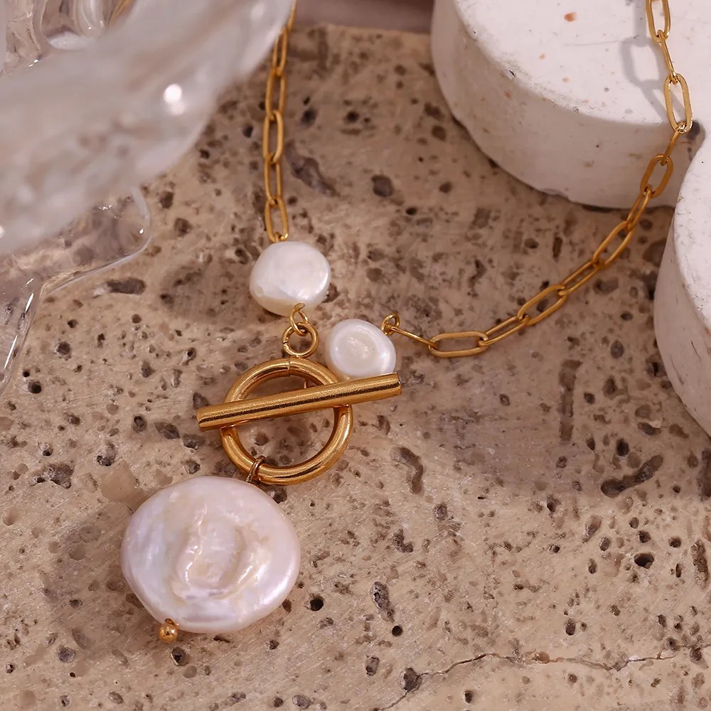 Vintage Style French Style Irregular Stainless Steel Freshwater Pearl Toggle Plating 18K Gold Plated Pendant Necklace_colorza_9