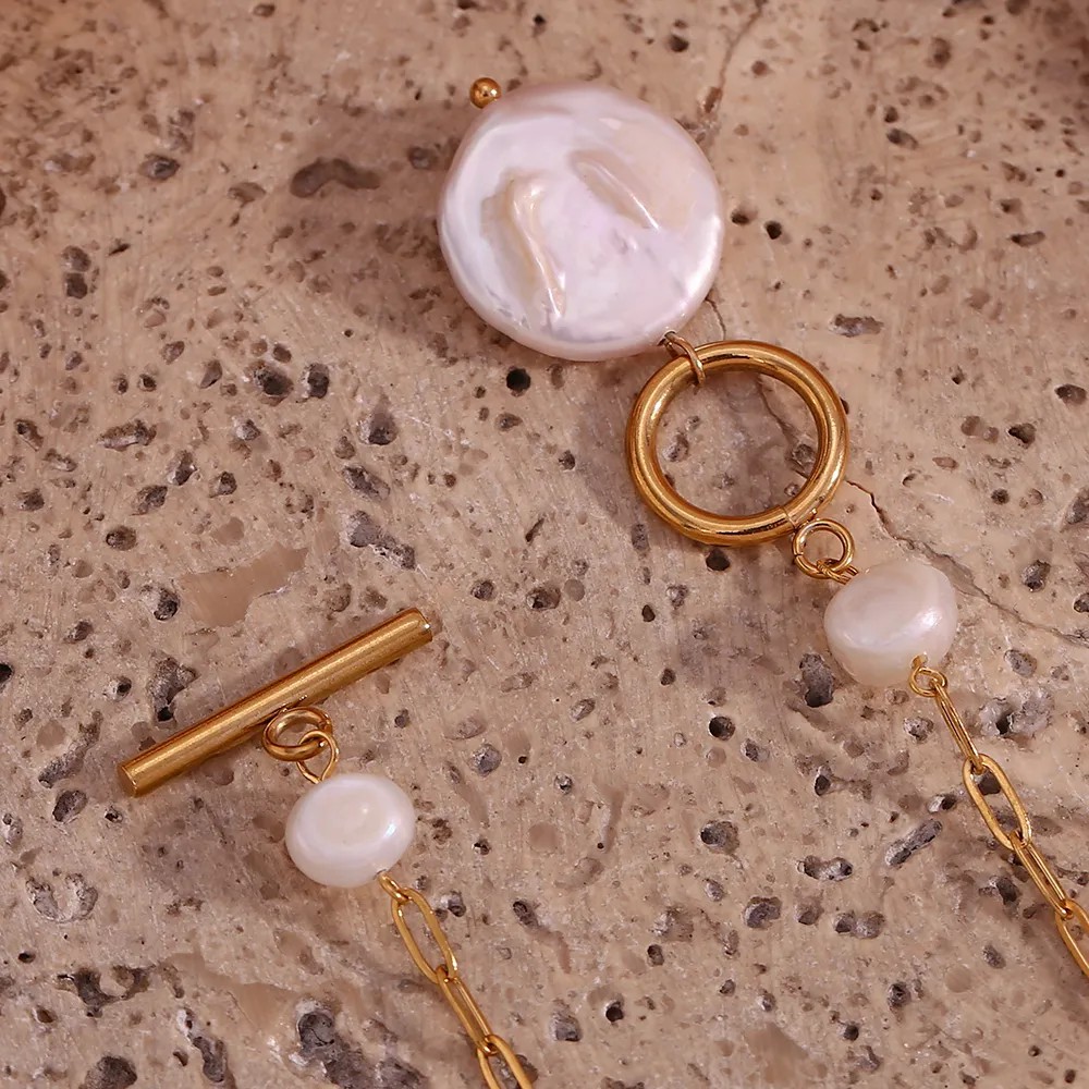 Vintage Style French Style Irregular Stainless Steel Freshwater Pearl Toggle Plating 18K Gold Plated Pendant Necklace_colorza_10