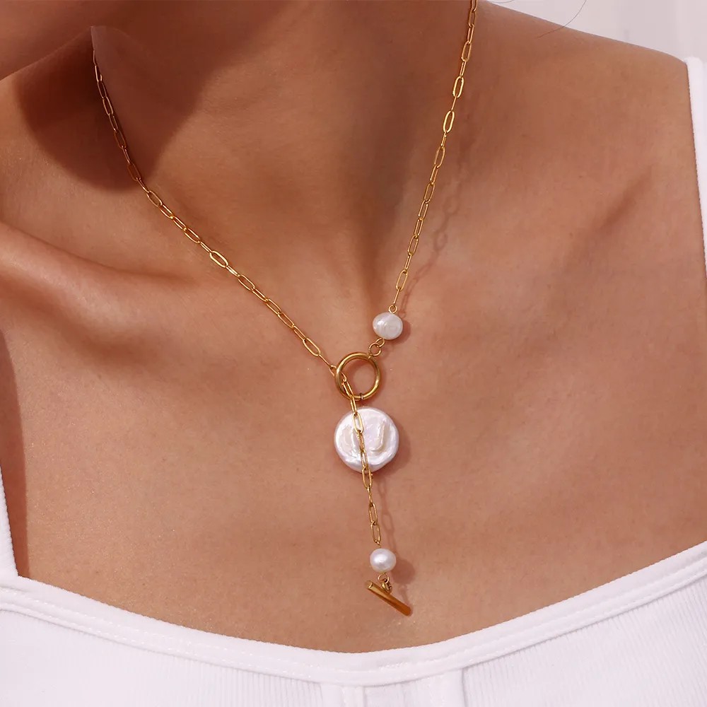 Vintage Style French Style Irregular Stainless Steel Freshwater Pearl Toggle Plating 18K Gold Plated Pendant Necklace_colorza_11