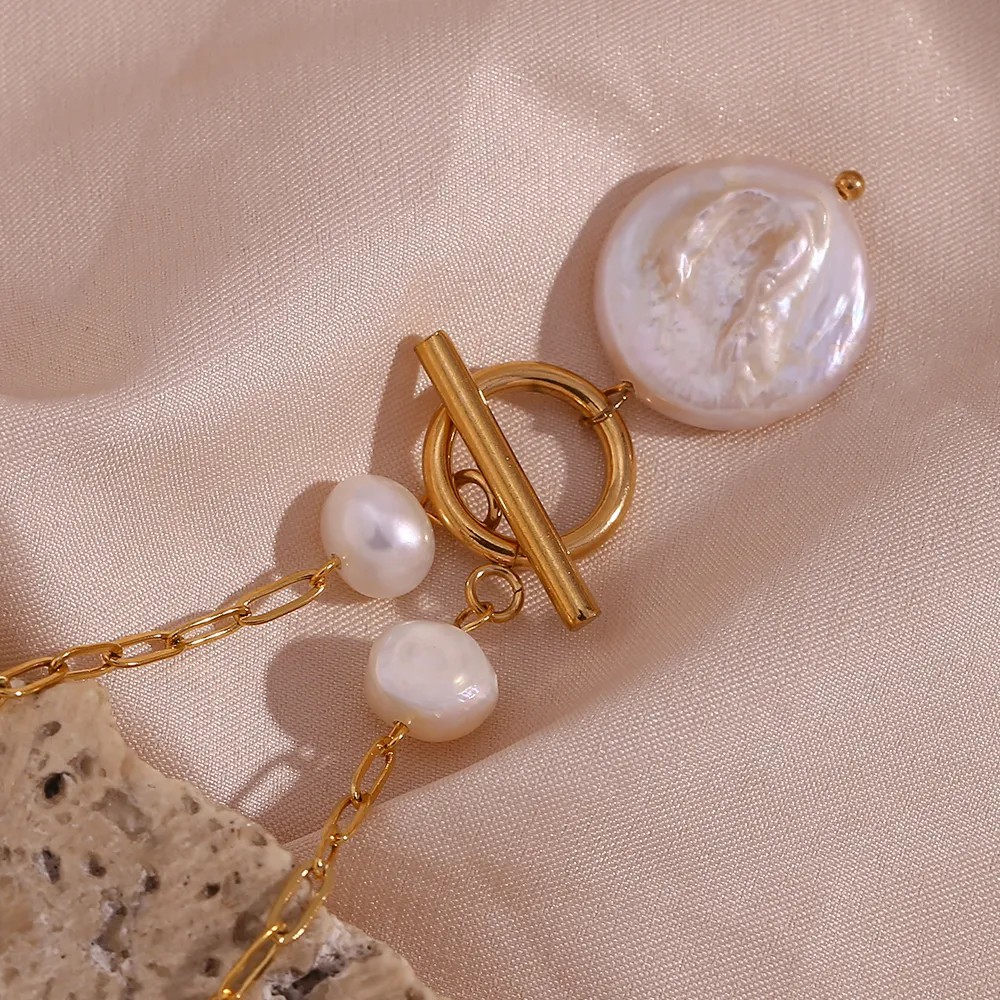 Vintage Style French Style Irregular Stainless Steel Freshwater Pearl Toggle Plating 18K Gold Plated Pendant Necklace_colorza_12