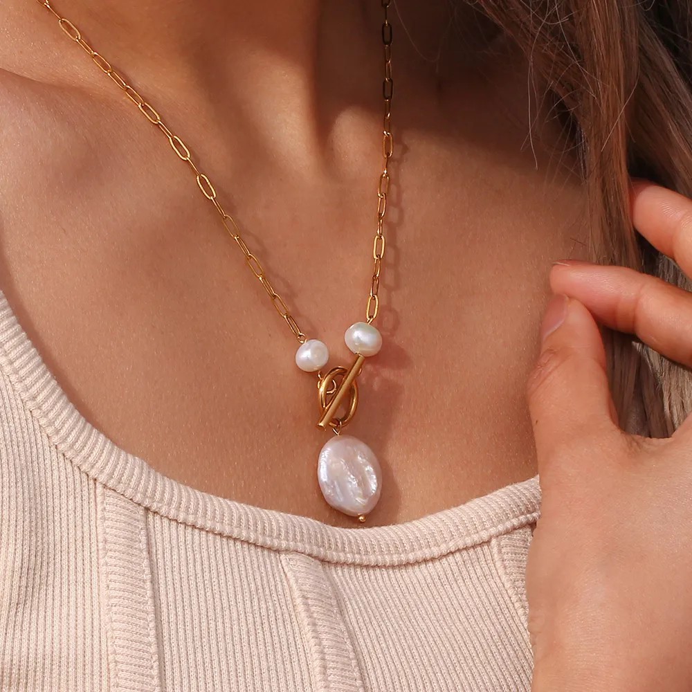 Vintage Style French Style Irregular Stainless Steel Freshwater Pearl Toggle Plating 18K Gold Plated Pendant Necklace_colorza_13
