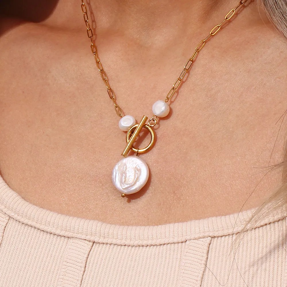 Vintage Style French Style Irregular Stainless Steel Freshwater Pearl Toggle Plating 18K Gold Plated Pendant Necklace_colorza_14