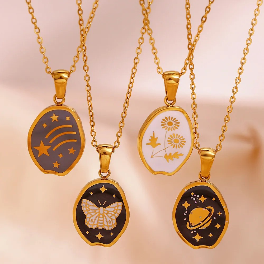 Vintage Style Star Flower Butterfly Stainless Steel Enamel Plating 18K Gold Plated Pendant Necklace_colorza_1