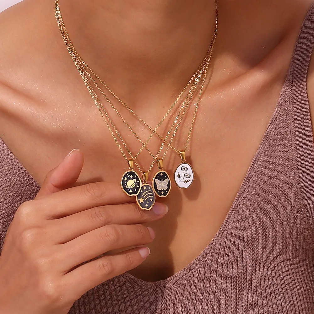 Vintage Style Star Flower Butterfly Stainless Steel Enamel Plating 18K Gold Plated Pendant Necklace_colorza_3