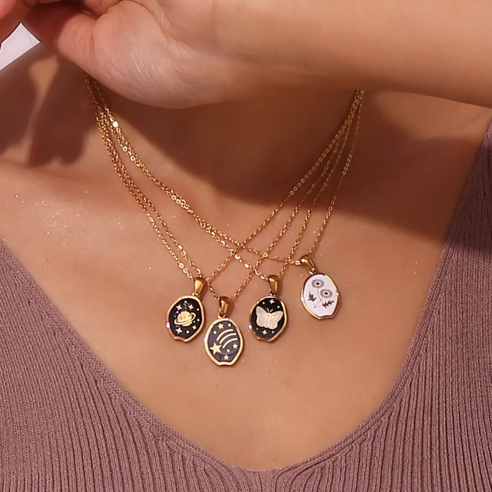 Vintage Style Star Flower Butterfly Stainless Steel Enamel Plating 18K Gold Plated Pendant Necklace_colorza_4