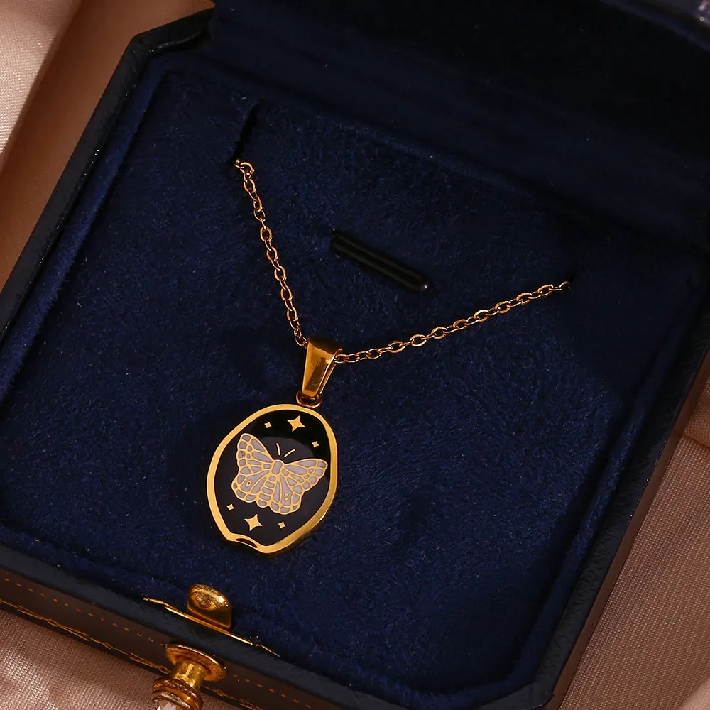Vintage Style Star Flower Butterfly Stainless Steel Enamel Plating 18K Gold Plated Pendant Necklace_colorza_8