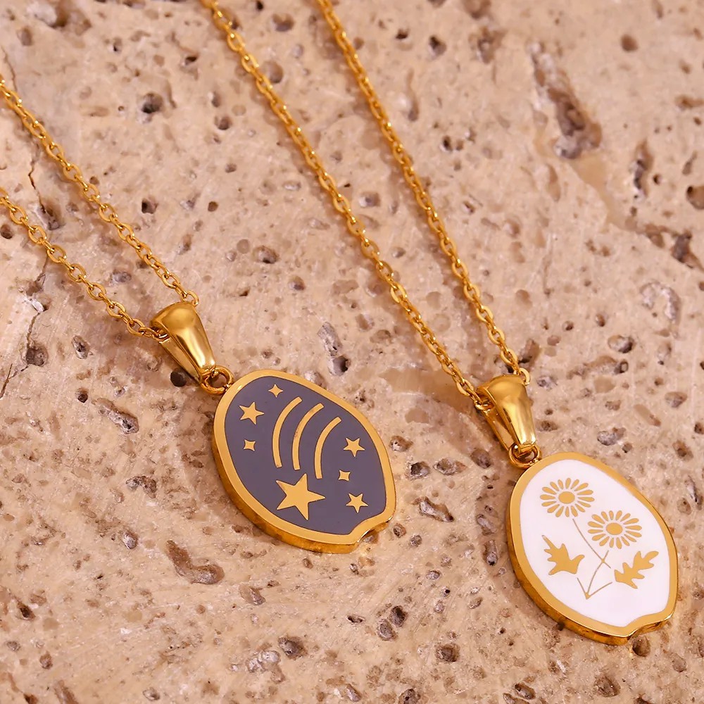 Vintage Style Star Flower Butterfly Stainless Steel Enamel Plating 18K Gold Plated Pendant Necklace_colorza_10