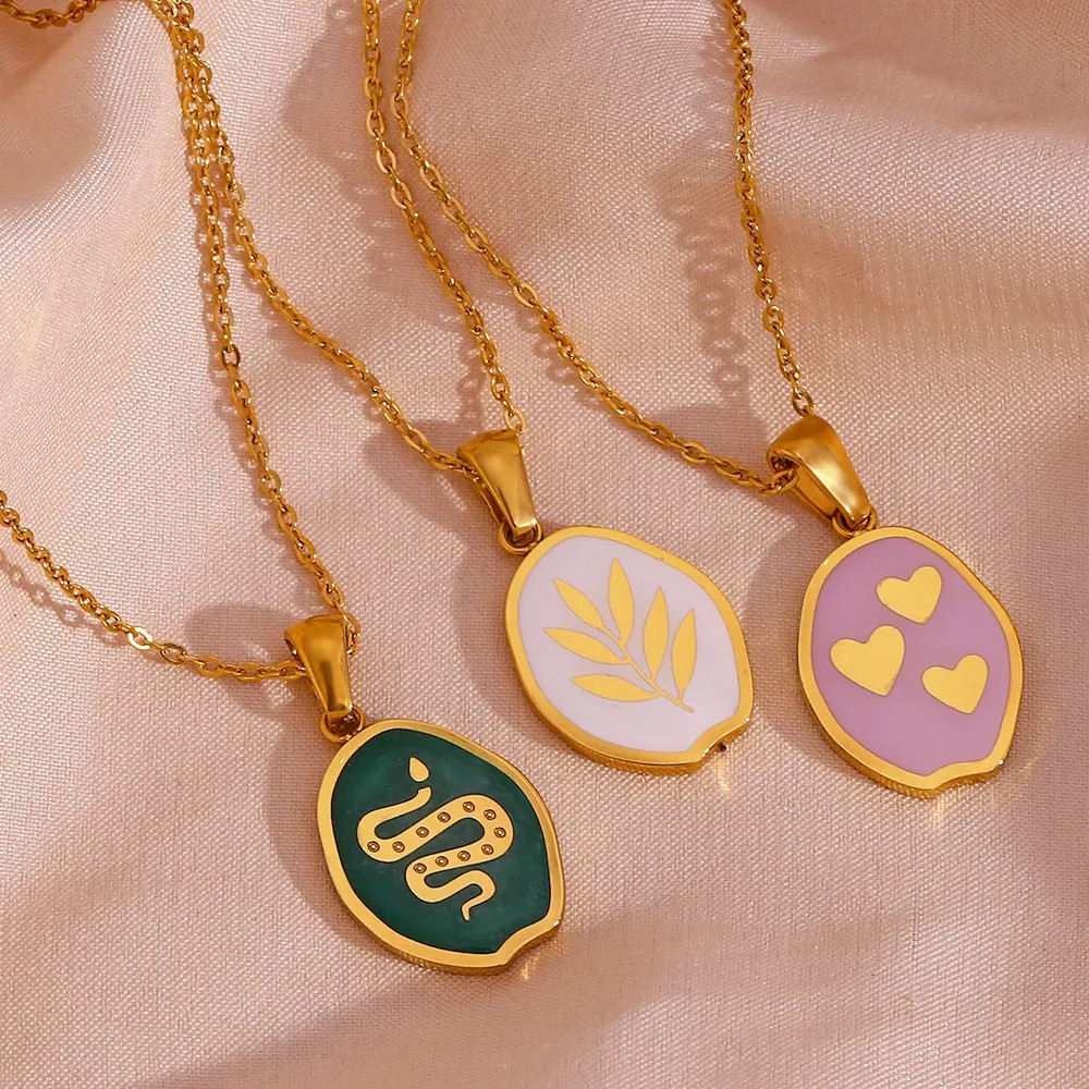Vintage Style Star Flower Butterfly Stainless Steel Enamel Plating 18K Gold Plated Pendant Necklace_colorza_17