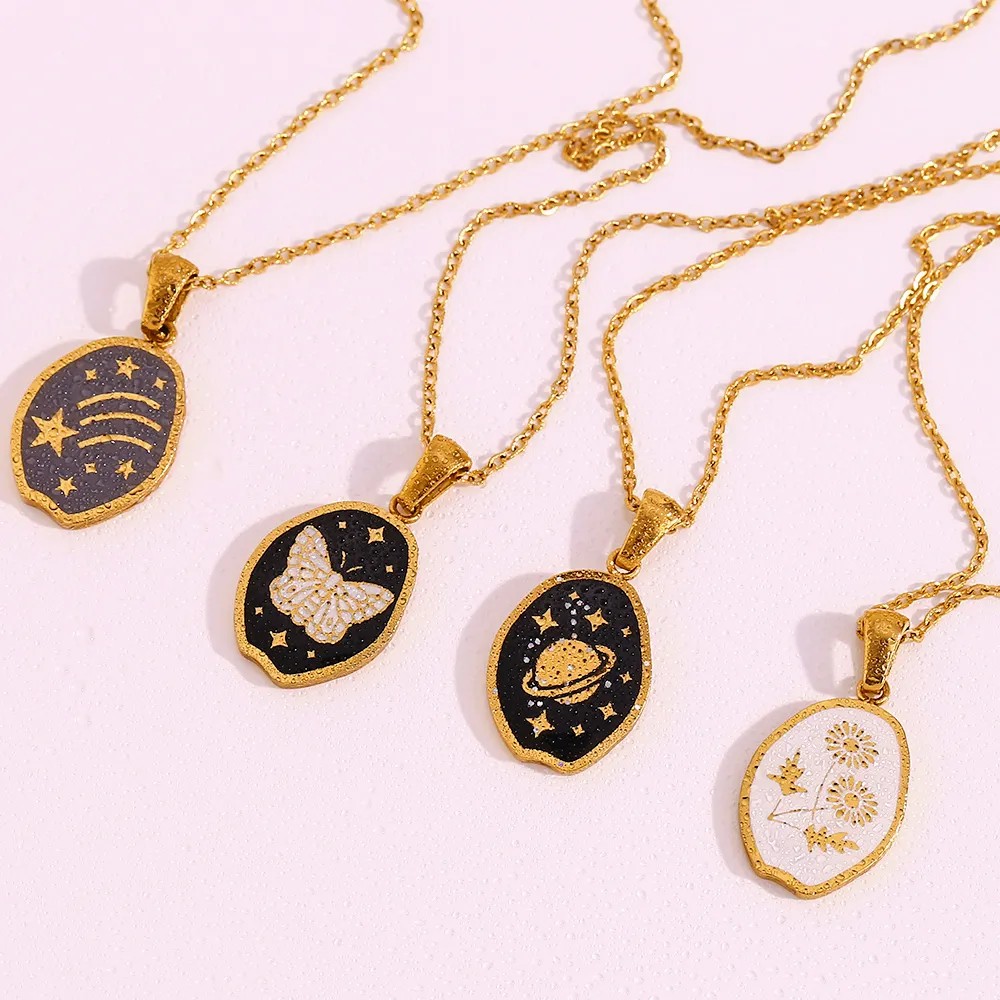 Vintage Style Star Flower Butterfly Stainless Steel Enamel Plating 18K Gold Plated Pendant Necklace_colorza_20
