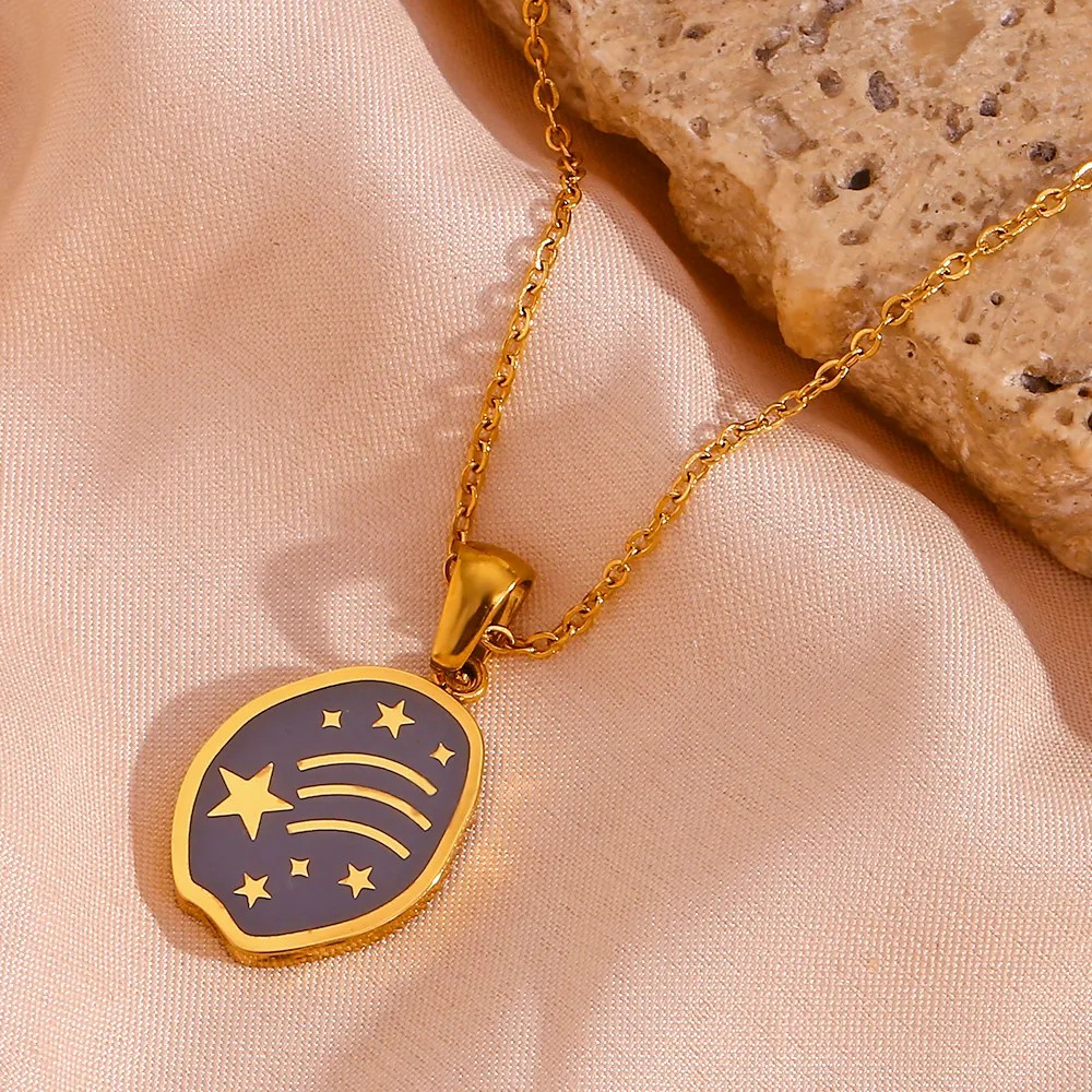Vintage Style Star Flower Butterfly Stainless Steel Enamel Plating 18K Gold Plated Pendant Necklace_colorza_21